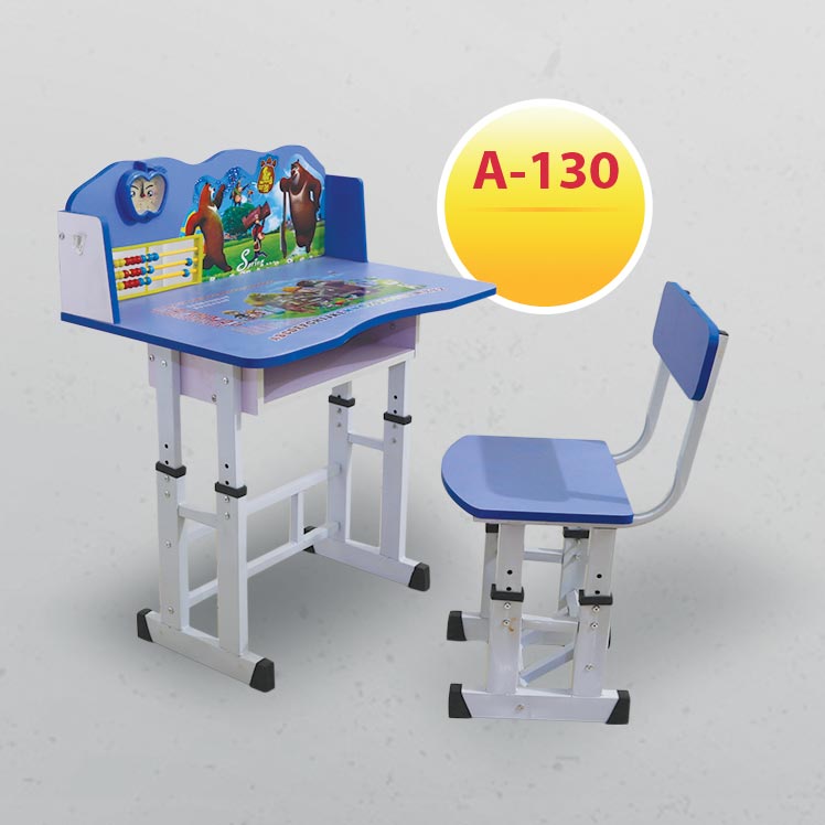 طاولة اطفال مدرسي خشب+ كرسي دب البنداء لون أزرق مع الساعة A-130