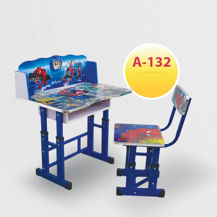 طاولة اطفال مدرسي خشب+ كرسي صورة ابيدر مان لون أزرق مع الساعه وحامل اقلام A-132